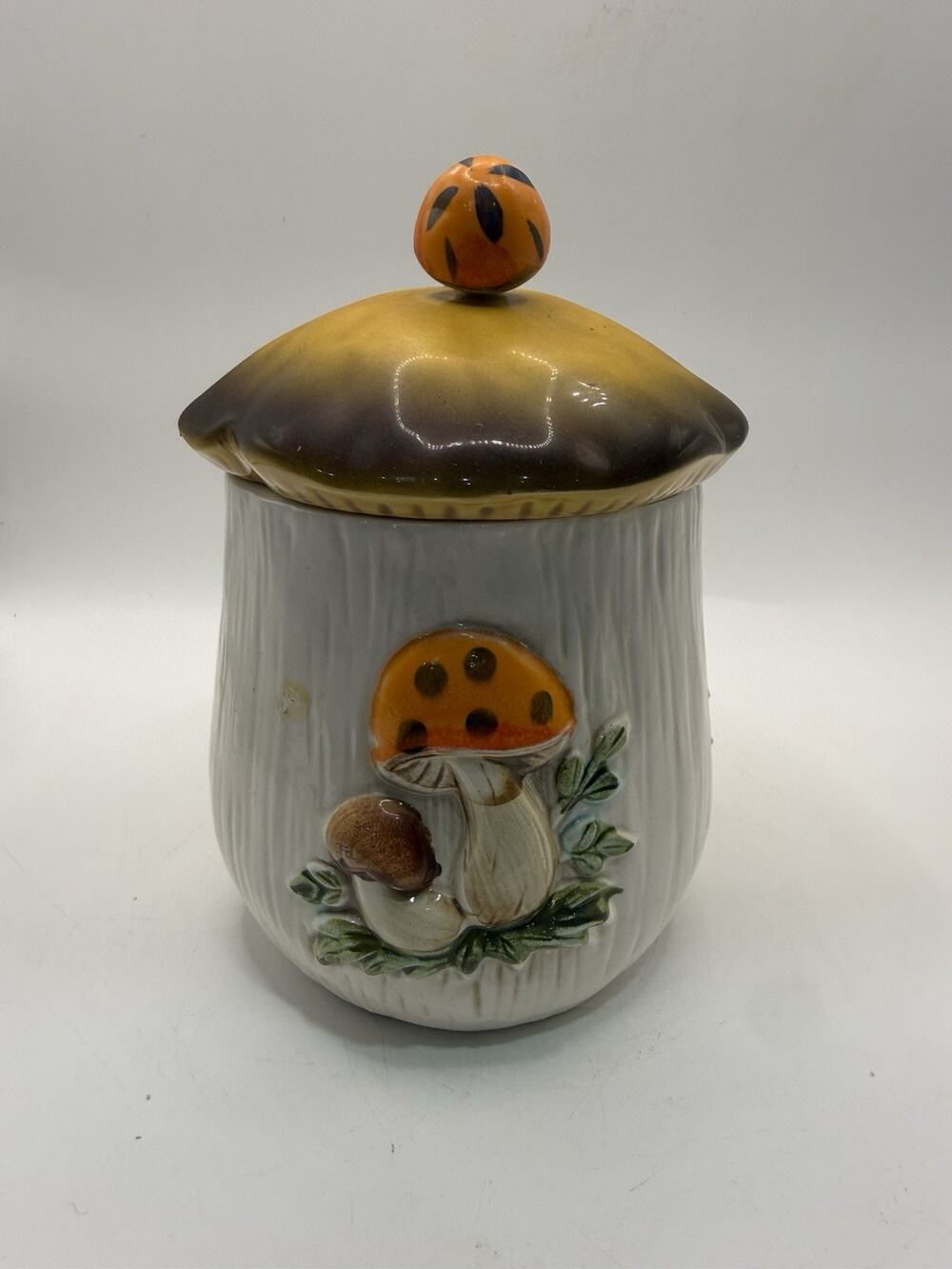 Vintage 1970s Merry Mushroom Ceramic Canister Jar Raised Mushrooms 6.5” *